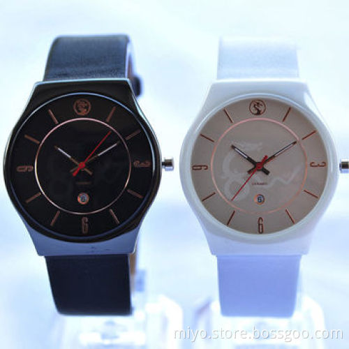 Promotional Wristwatches, Ceramic Case with Leather Strap, Japan Quartz Movement, Wholesales, OEM